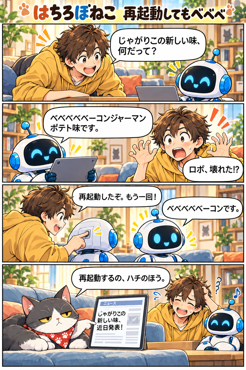 はちろぼねこ『再起動してもベベベ』。新商品の名前をロボの故障と勘違いしたハチが再起動する4コマ。