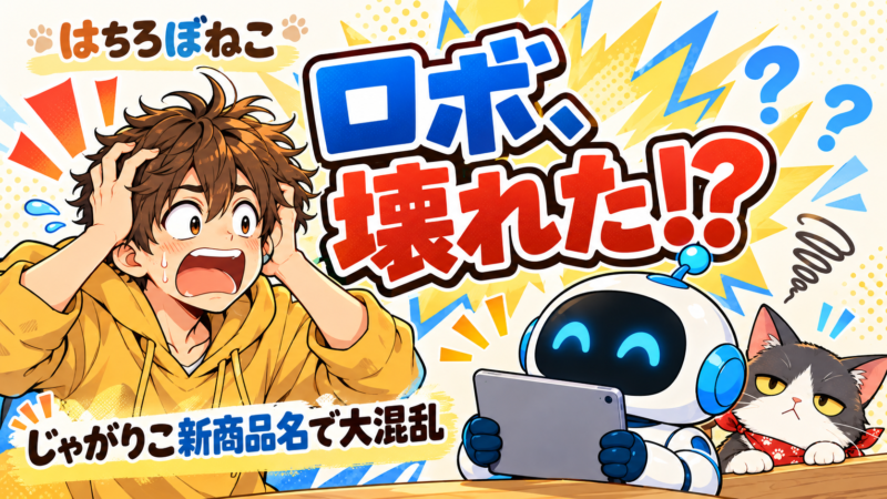 じゃがりこの新商品名で、ロボを再起動!?【はちろぼねこ4コマ】