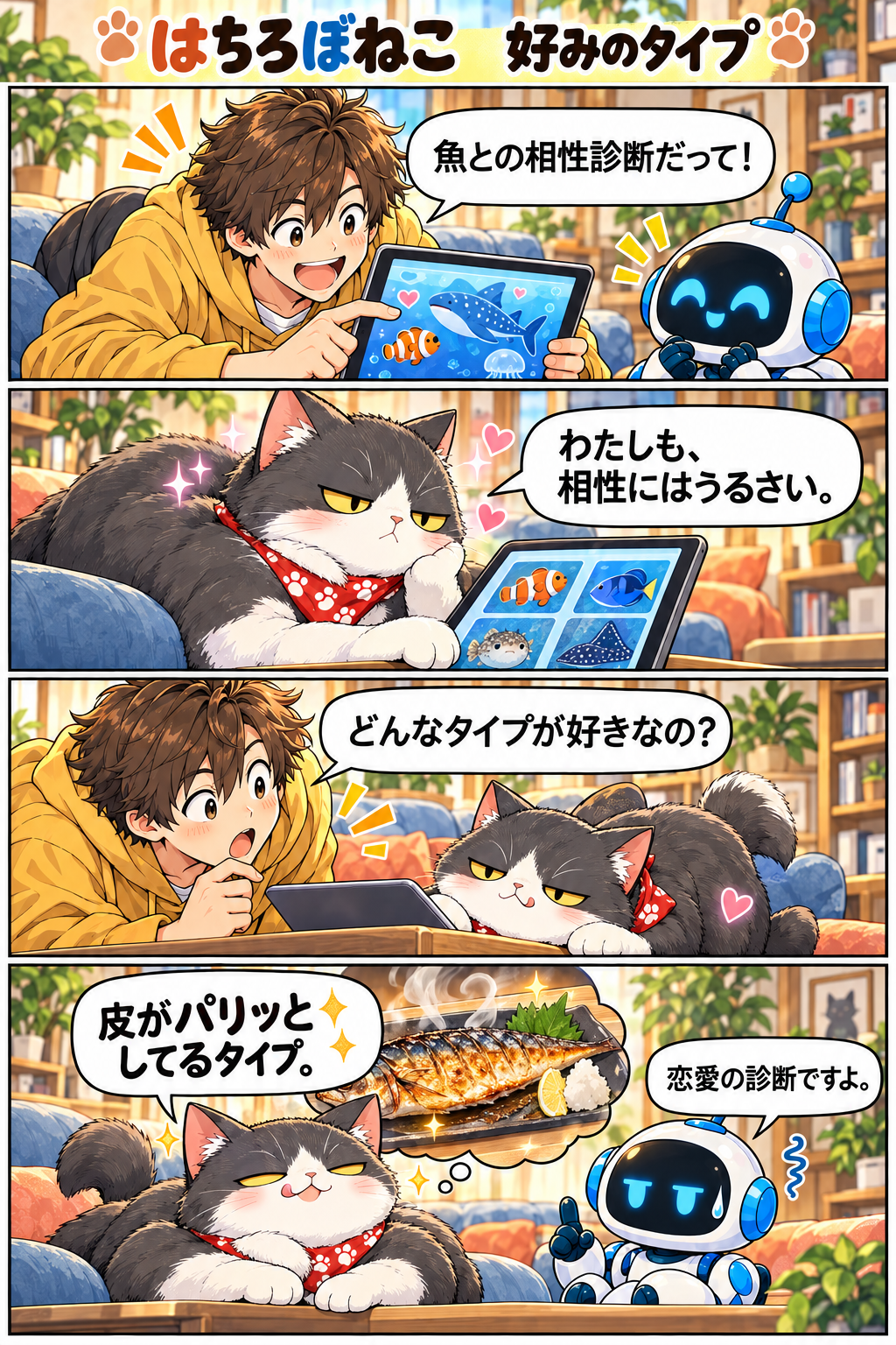 はちろぼねこ4コマ「好みのタイプ」。魚との相性診断を聞いたネコは、皮がパリッとした焼き魚が好みと答え、ロボに恋愛の診断だと指摘される。