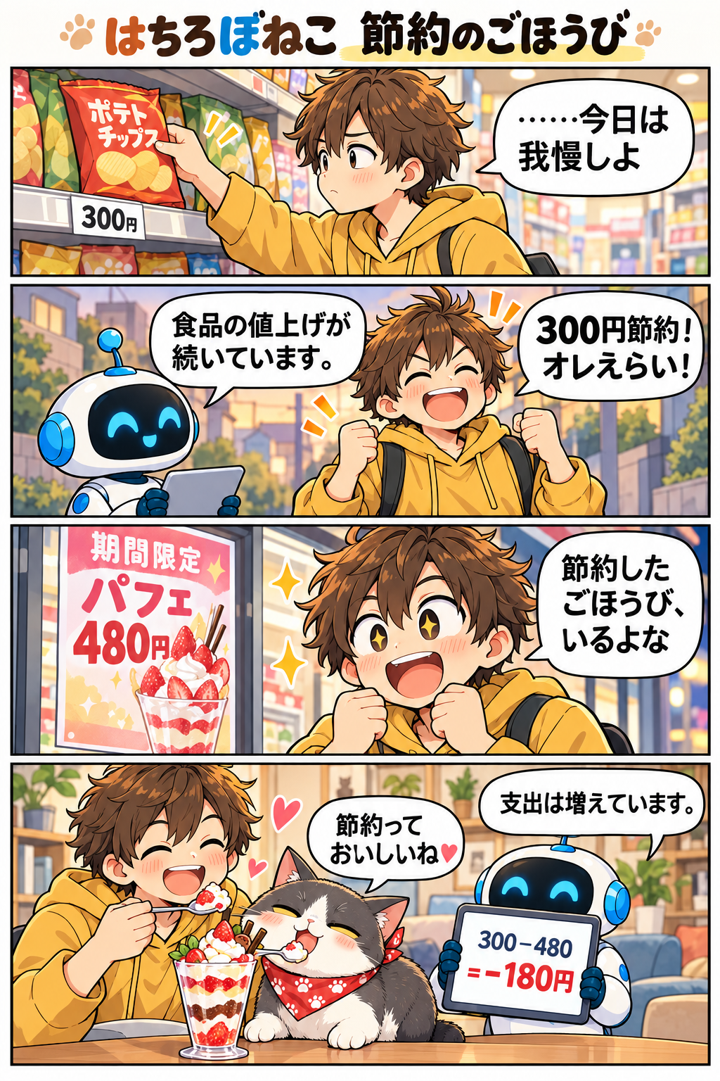 はちろぼねこ「節約のごほうび」の4コマ漫画