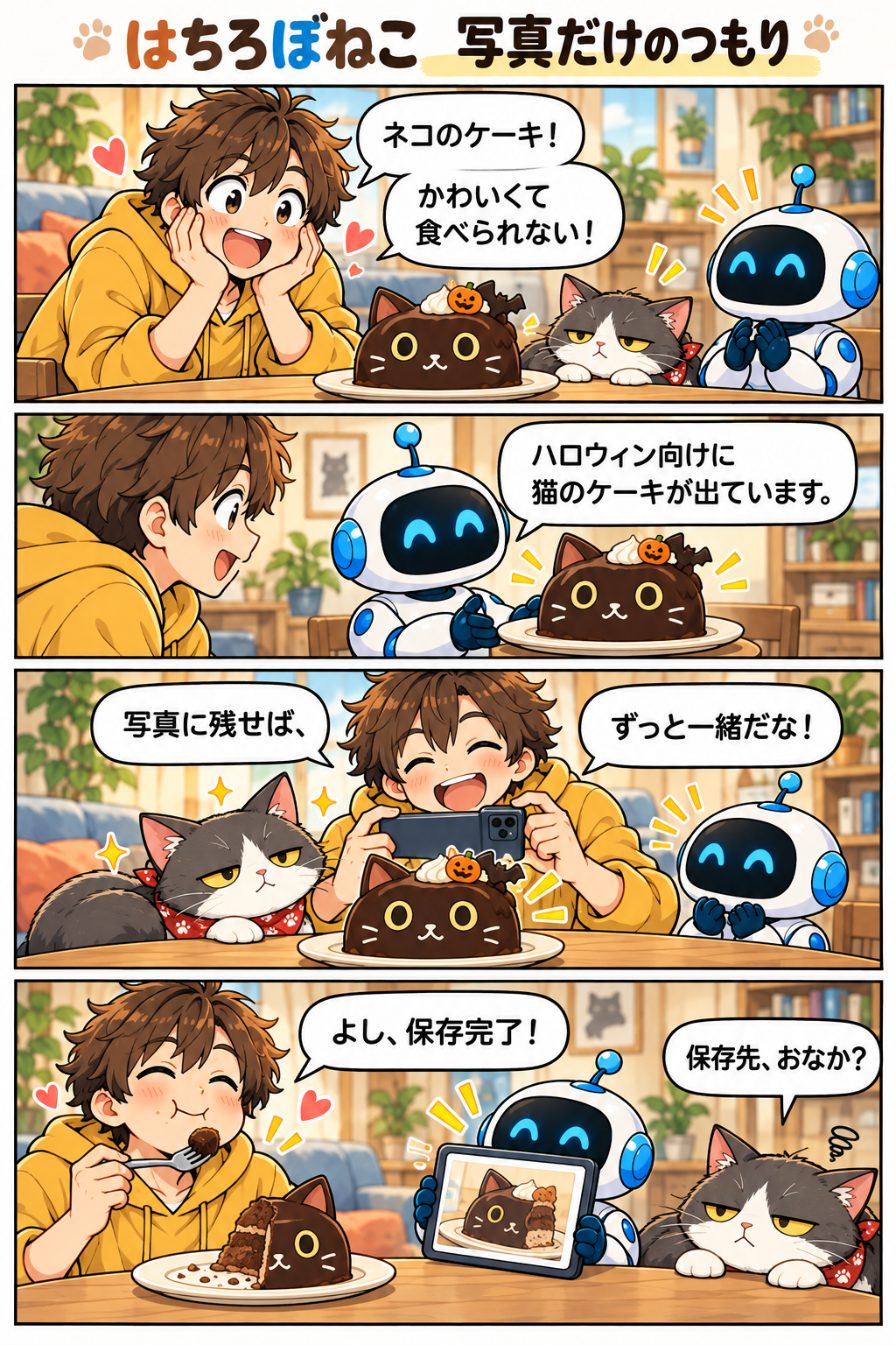 はちろぼねこ四コマ『写真だけのつもり』。猫型ケーキを撮影したハチが食べ始め、ネコが『保存先、おなか?』とつっこむ。