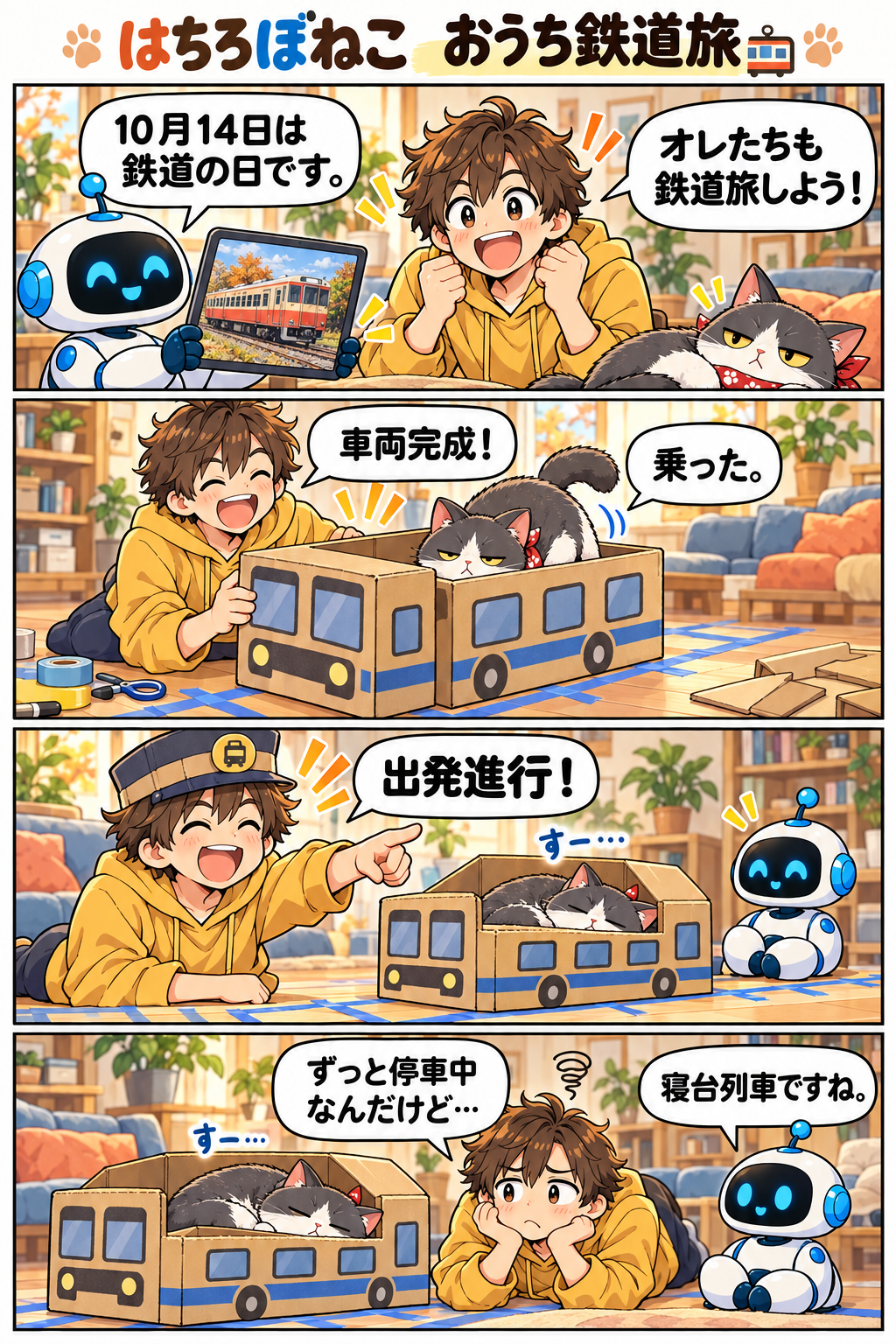 はちろぼねこ四コマ『おうち鉄道旅』。ハチの段ボール列車に乗ったネコが眠り、ロボが『寝台列車ですね。』とひと言。