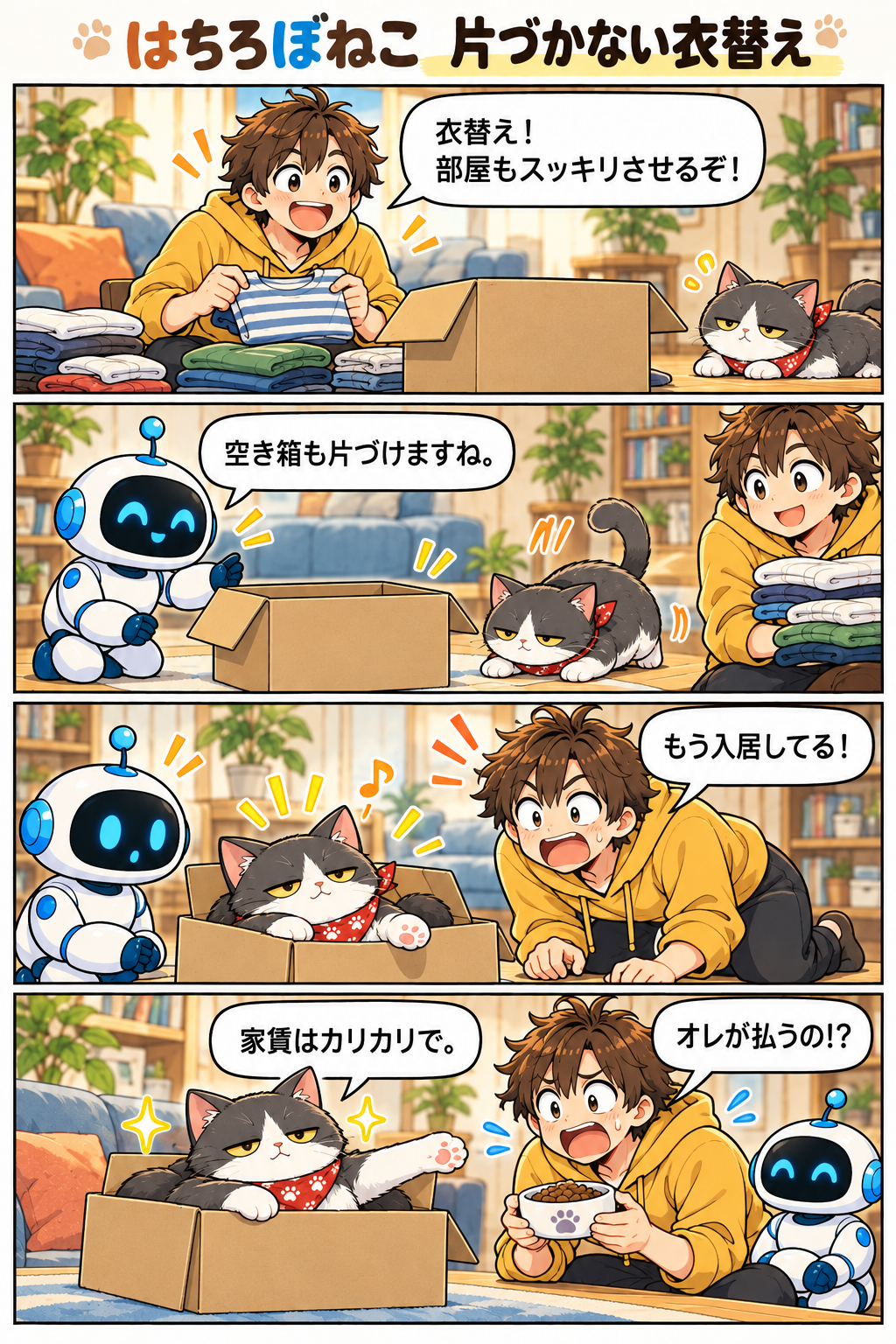 4コマ『片づかない衣替え』。空き箱に入居したネコが『家賃はカリカリで。』、ハチが『オレが払うの!?』と驚く。