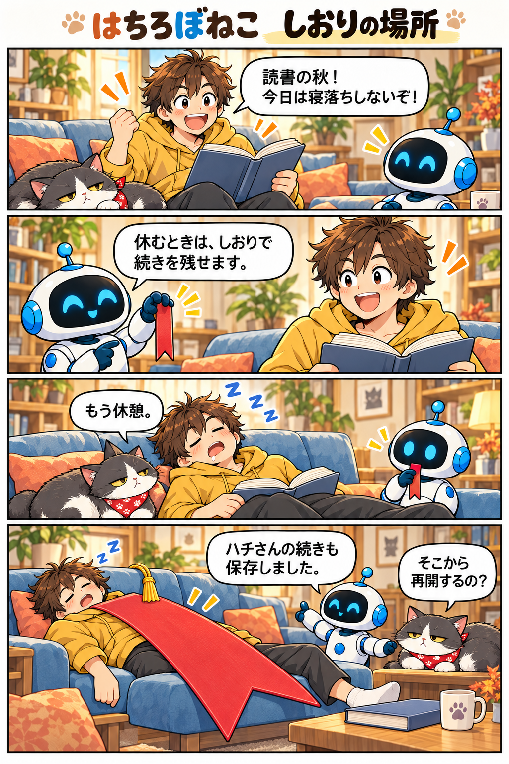 4コマ『しおりの場所』。寝落ちしたハチにロボが巨大なしおりを掛け、『ハチさんの続きも保存しました。』。ネコ『そこから再開するの?』