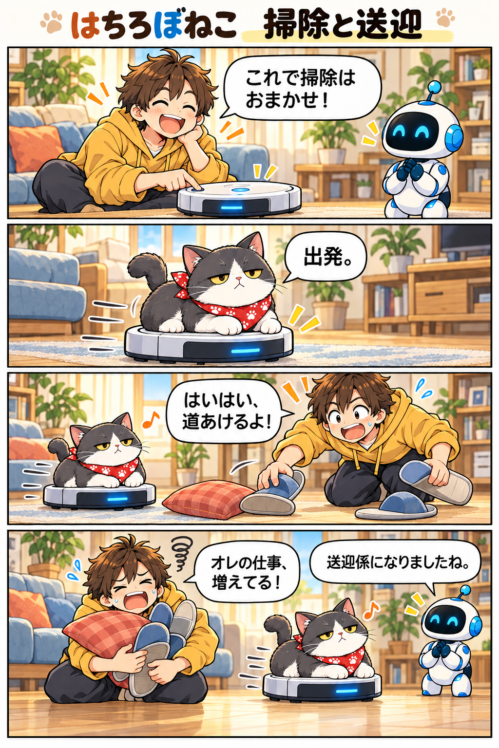 四コマ漫画「掃除と送迎」。掃除機に乗ったネコのためにハチが道を片づけ、ロボに送迎係と言われる。