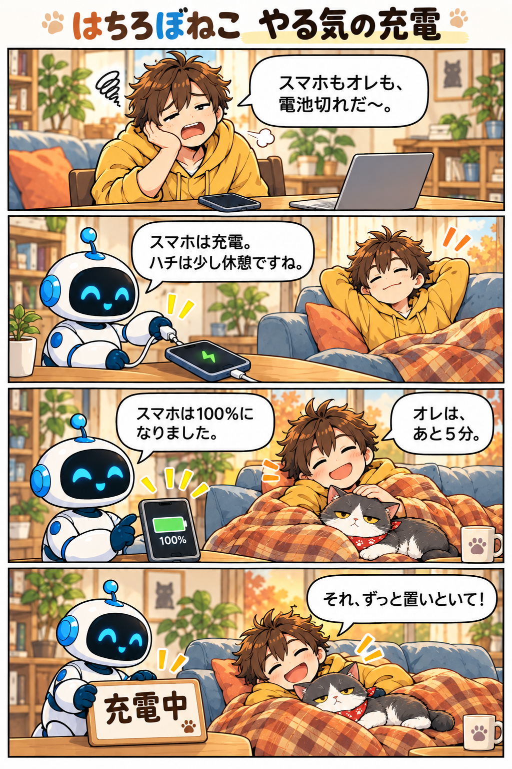 4コマ漫画「やる気の充電」。スマホは満充電になっても休憩を続けるハチに、ロボが充電中の札を置く。