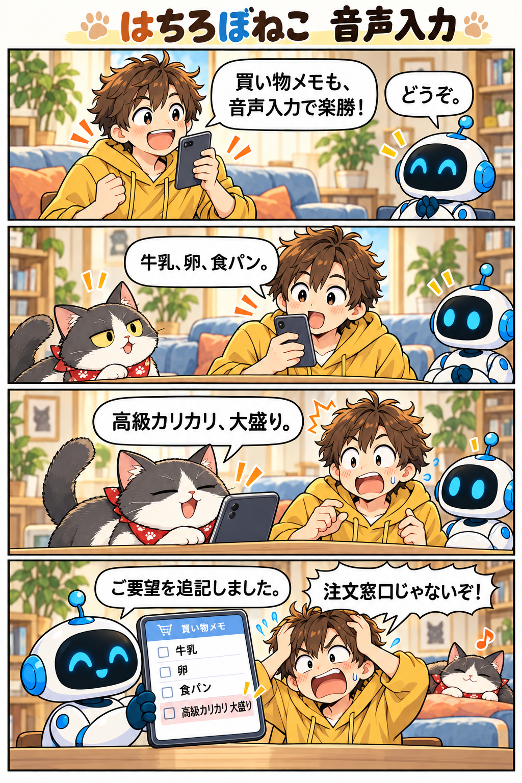 4コマ漫画『音声入力』。ハチの買い物メモにネコが高級カリカリを追加し、ロボが律儀に記録する。
