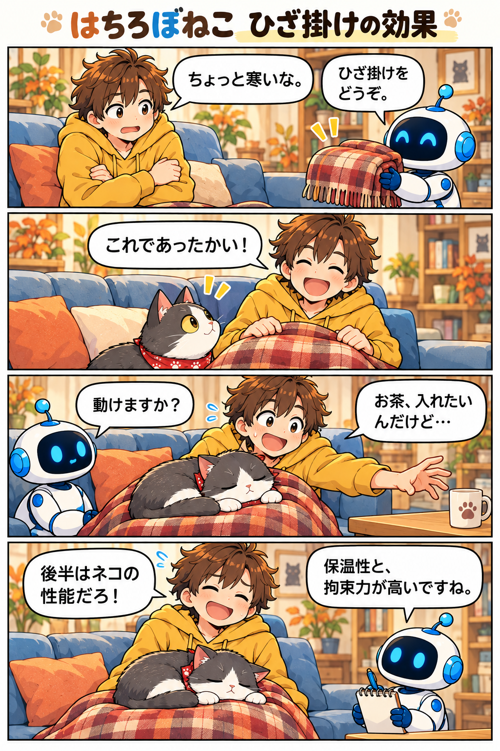 4コマ漫画『ひざ掛けの効果』。ハチの膝で眠るネコと、性能を評価するロボ。