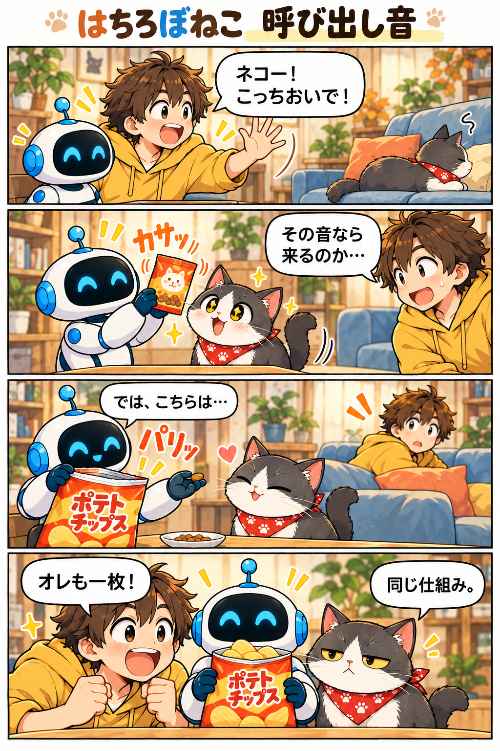 4コマ漫画『呼び出し音』。おやつの袋でネコが来て、ポテトチップスの袋でハチも来る。