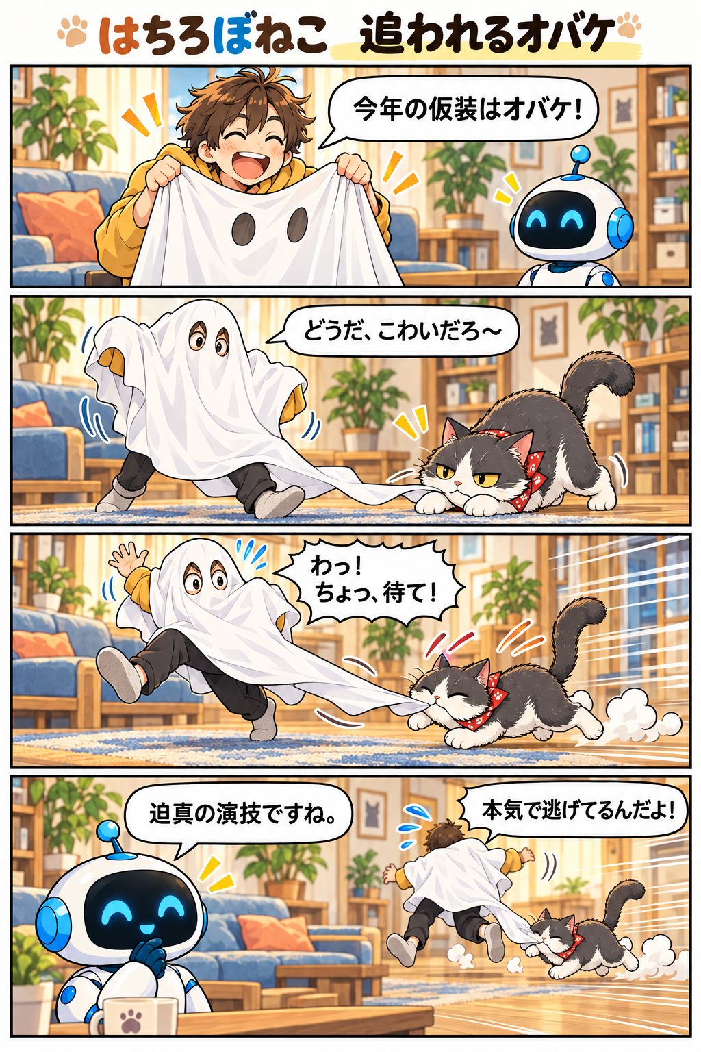 ハチロボネコ「追われるオバケ」。仮装のシーツをネコに追いかけられ、ハチが逃げ回る四コマ漫画。