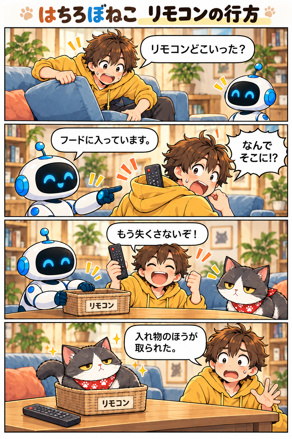 四コマ漫画『リモコンの行方』。フードからリモコンを発見し専用のカゴを用意するが、ネコがカゴに収まってしまう。