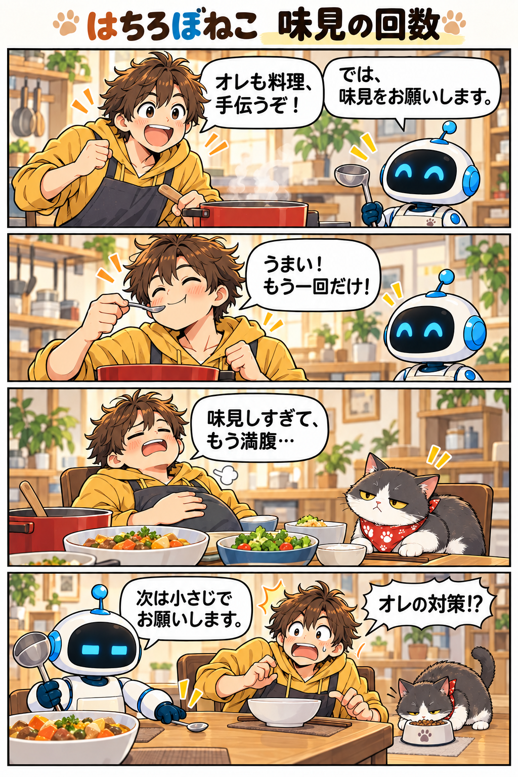 四コマ漫画「味見の回数」。味見を繰り返して満腹のハチに、ロボが次は小さじでお願いしますと提案する。