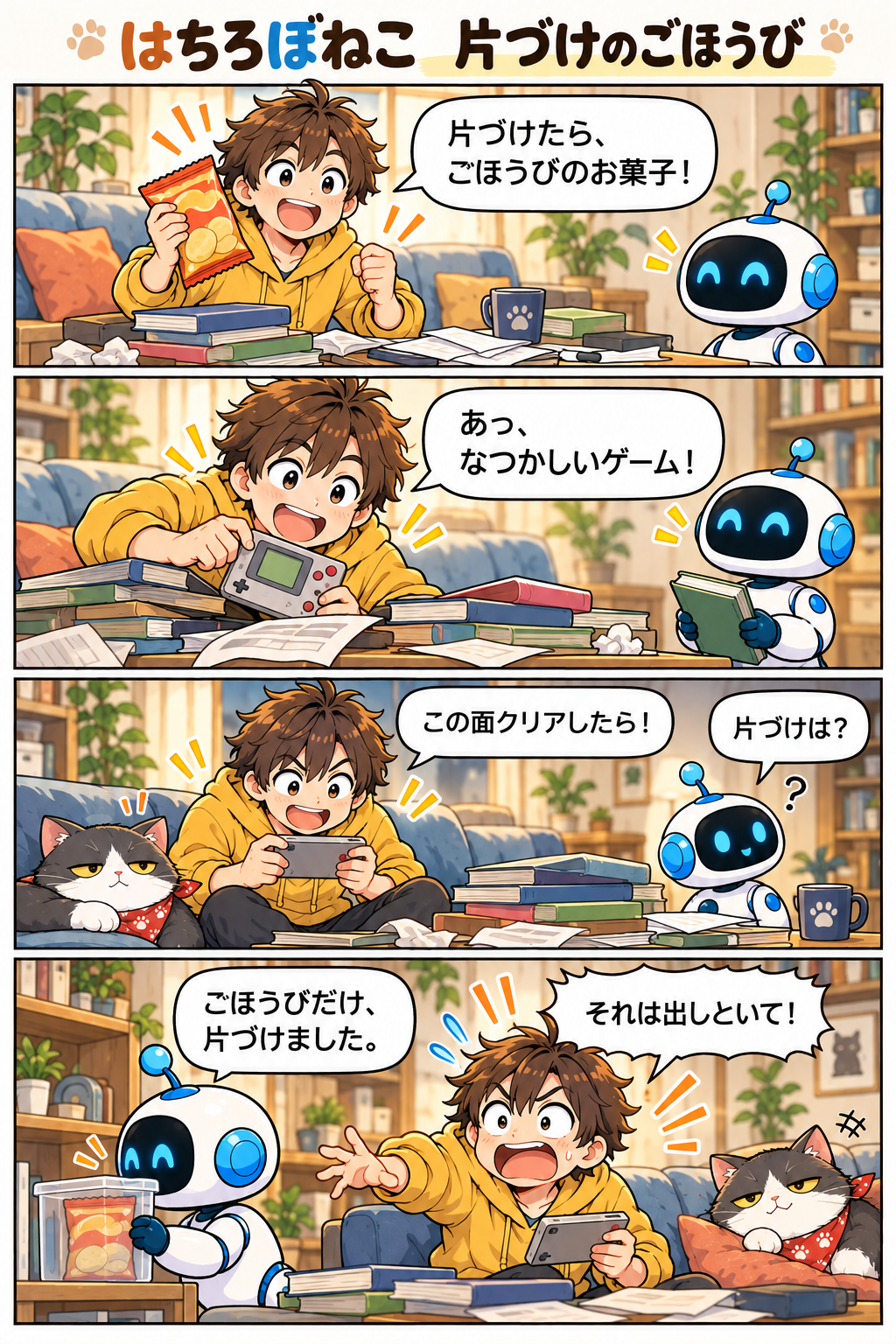 四コマ漫画『片づけのごほうび』。ゲームに夢中のハチに、ロボがごほうびのお菓子だけ片づける。