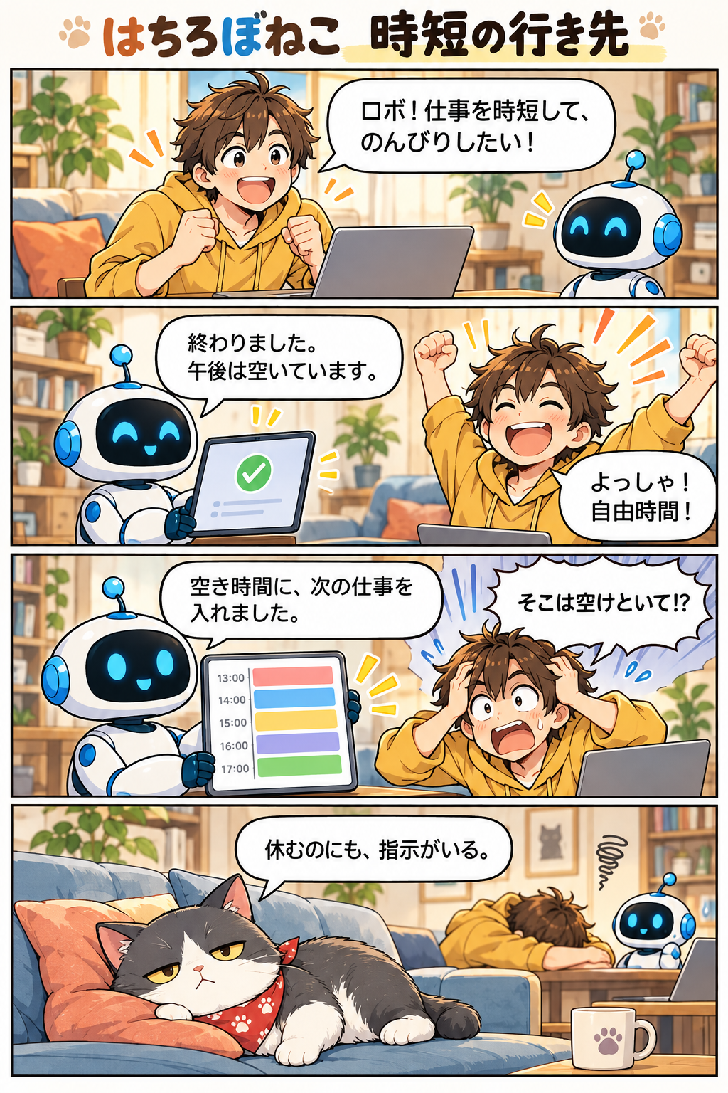 はちろぼねこ「時短の行き先」。ロボが時短で空いた午後に次の仕事を入れ、ハチが驚く。ネコの一言は『休むのにも、指示がいる。』